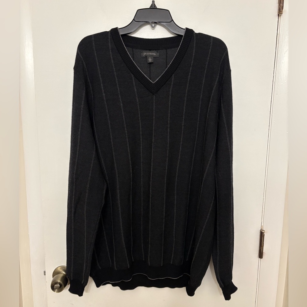 John W. Nordstrom 100% Italian Merino Wool V-Neck Sweater Black Pinstripe Men XL